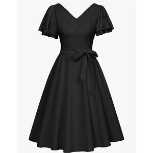 NEW Short Puff Sleeve A Line Swing 1950s Vintage Cocktail Dress Belted M